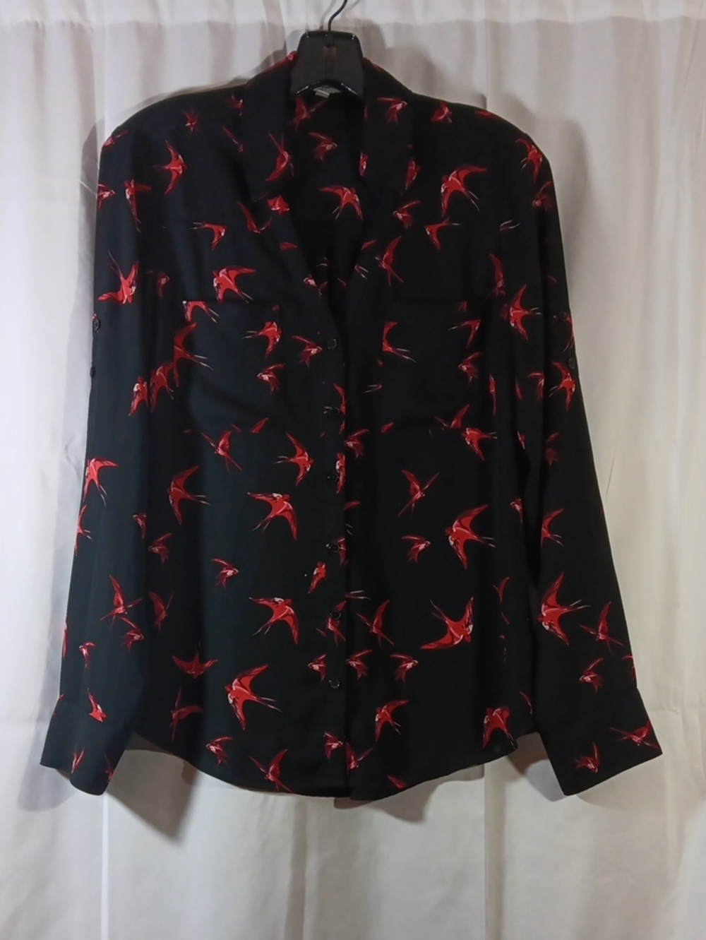 Express Portofino Womens Small  Slim Fit Shirt Red Bird Black Long Sleeve